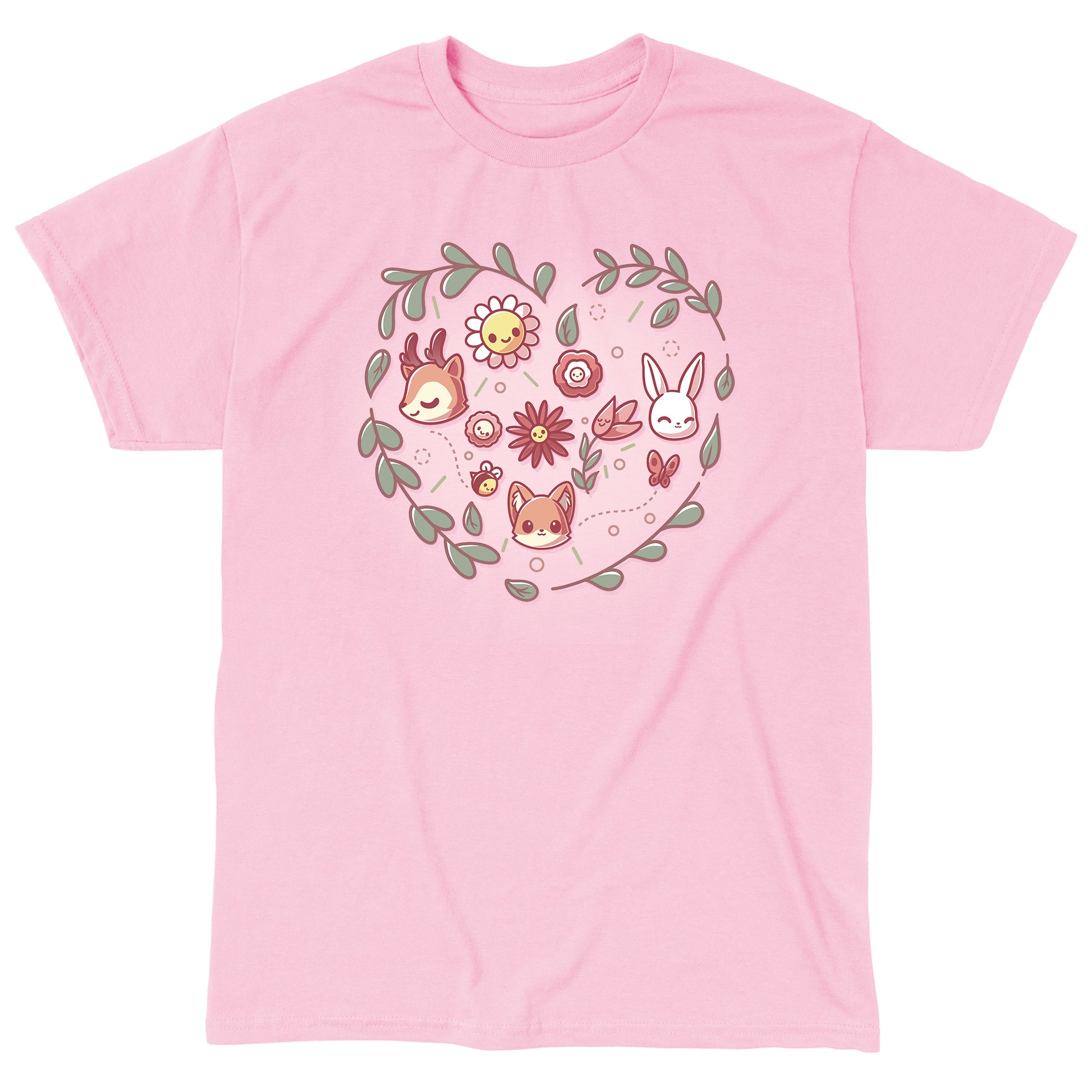 Classic Cotton T-shirt_TeeTurtle light pink Nature Lover apparel featuring a deer, fox, and rabbit with other forest elements framed by a leaf heart.