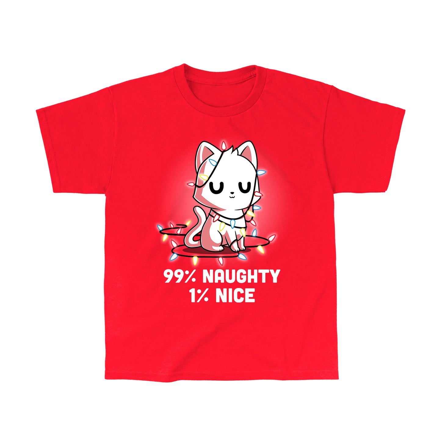 Classic Cotton T-shirt_TeeTurtle Naughty List red t-shirt featuring a white cat who looks pleased with itself and is wrapped in Christmas lights.