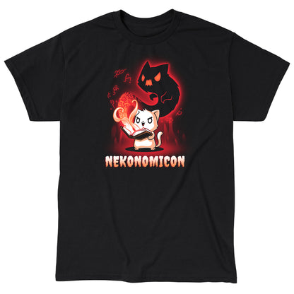 Classic Cotton T-shirt_TeeTurtle Nekonomicon black t-shirt featuring a cat holding an open book with glowing symbols and a shadowy feline figure emerging from it. The word "Nekonomicon" is displayed at the bottom.