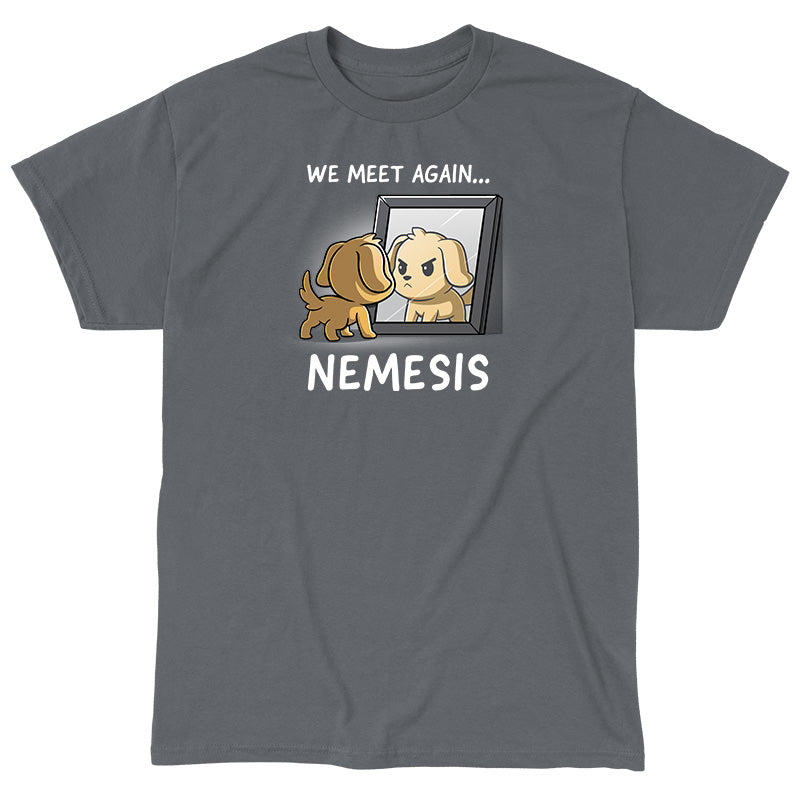 Classic Cotton T-shirt_TeeTurtle Nemesis charcoal gray t-shirt featuring a dog who’s looking bravely in the mirror at his reflection.