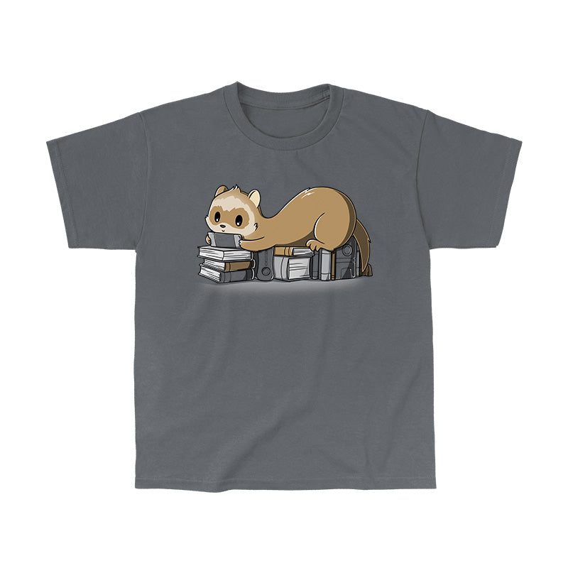 Classic Cotton T-shirt_TeeTurtle Nerdy and Proud charcoal gray t-shirt featuring a ferret laying on books and game consoles, playing a handheld game system.