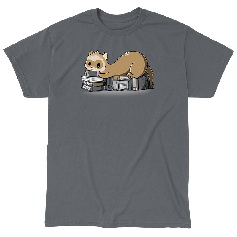 Classic Cotton T-shirt_TeeTurtle Nerdy and Proud charcoal gray t-shirt featuring a ferret laying on books and game consoles, playing a handheld game system.