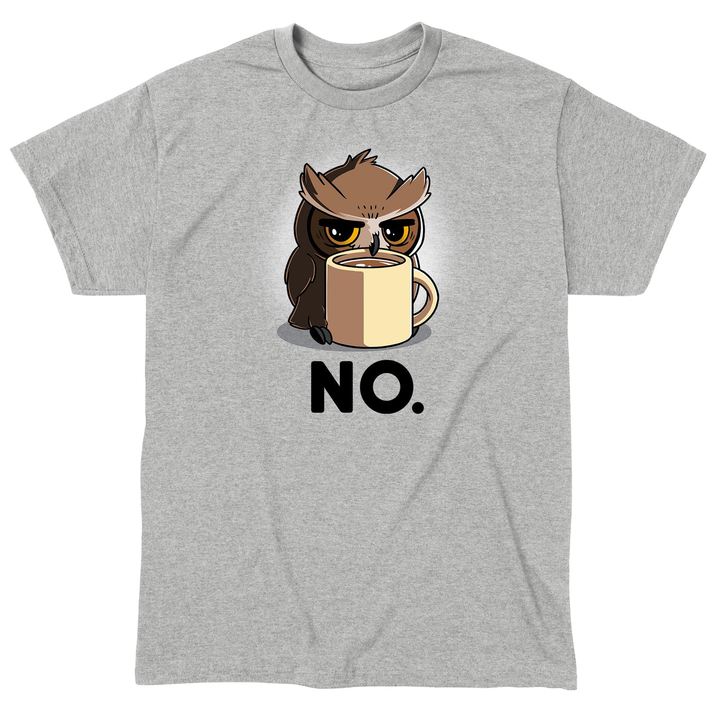 Classic Cotton T-shirt_TeeTurtle Night Owl heather gray t-shirt featuring a grumpy owl holding onto a mug of coffee.