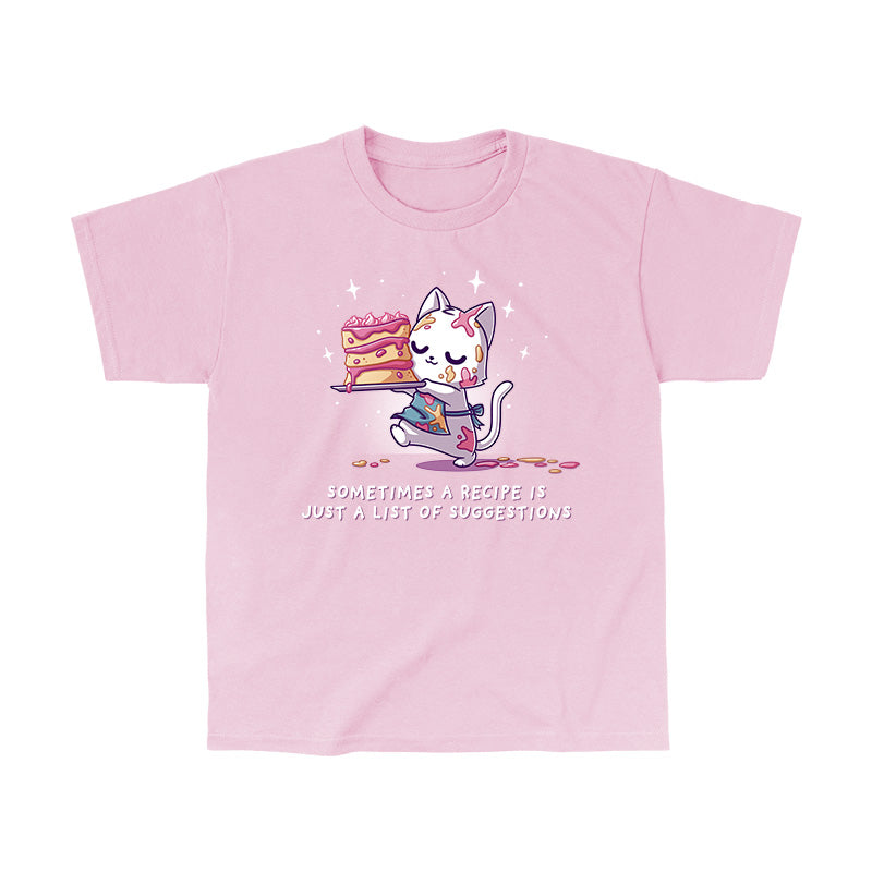 Classic Cotton T-shirt_TeeTurtle light pink No Recipe Required apparel featuring a white cat with batter splattered on it carrying a cake with uneven tiers with the caption, “Sometimes a Recipe is Just a List of Suggestions“.