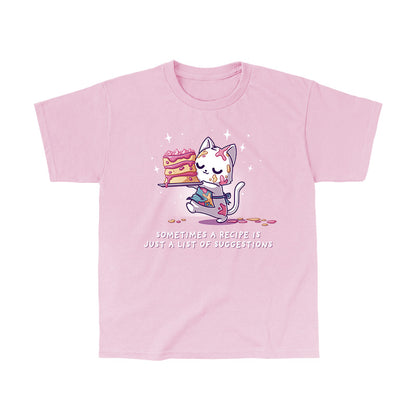 Classic Cotton T-shirt_TeeTurtle light pink No Recipe Required apparel featuring a white cat with batter splattered on it carrying a cake with uneven tiers with the caption, “Sometimes a Recipe is Just a List of Suggestions“.