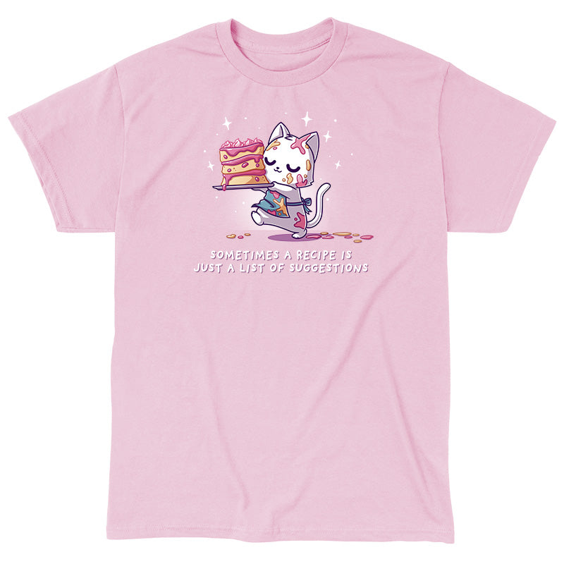 Classic Cotton T-shirt_TeeTurtle light pink No Recipe Required apparel featuring a white cat with batter splattered on it carrying a cake with uneven tiers with the caption, “Sometimes a Recipe is Just a List of Suggestions“.