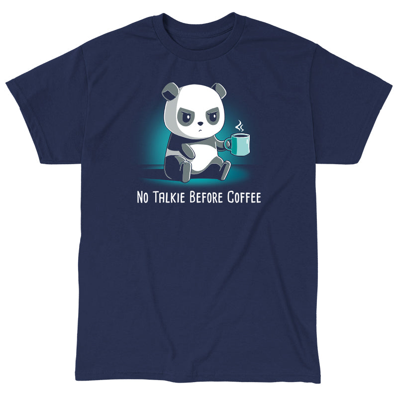 Classic Cotton T-shirt_TeeTurtle navy blue No Talkie Before Coffee. Featuring a grumpy panda holding a cup of coffee.