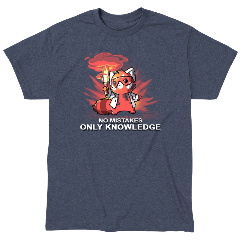 Classic Cotton T-shirt_TeeTurtle No Mistakes, Only Knowledge heather navy t-shirt featuring a red panda in a lab coat holding a flaming test tube with the text "no mistakes, only knowledge."