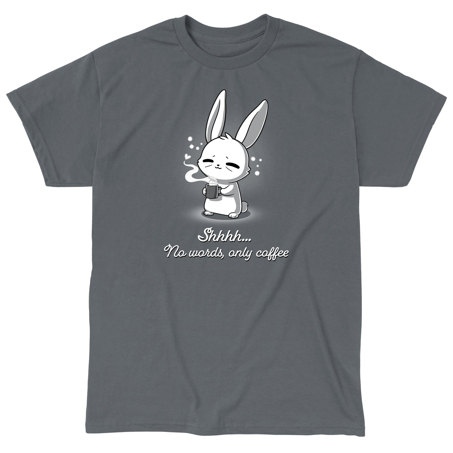 Classic Cotton T-shirt_TeeTurtle No Words Only Coffee Charcoal Gray t-shirt featuring a cartoon bunny with closed eyes holding a steaming coffee cup.