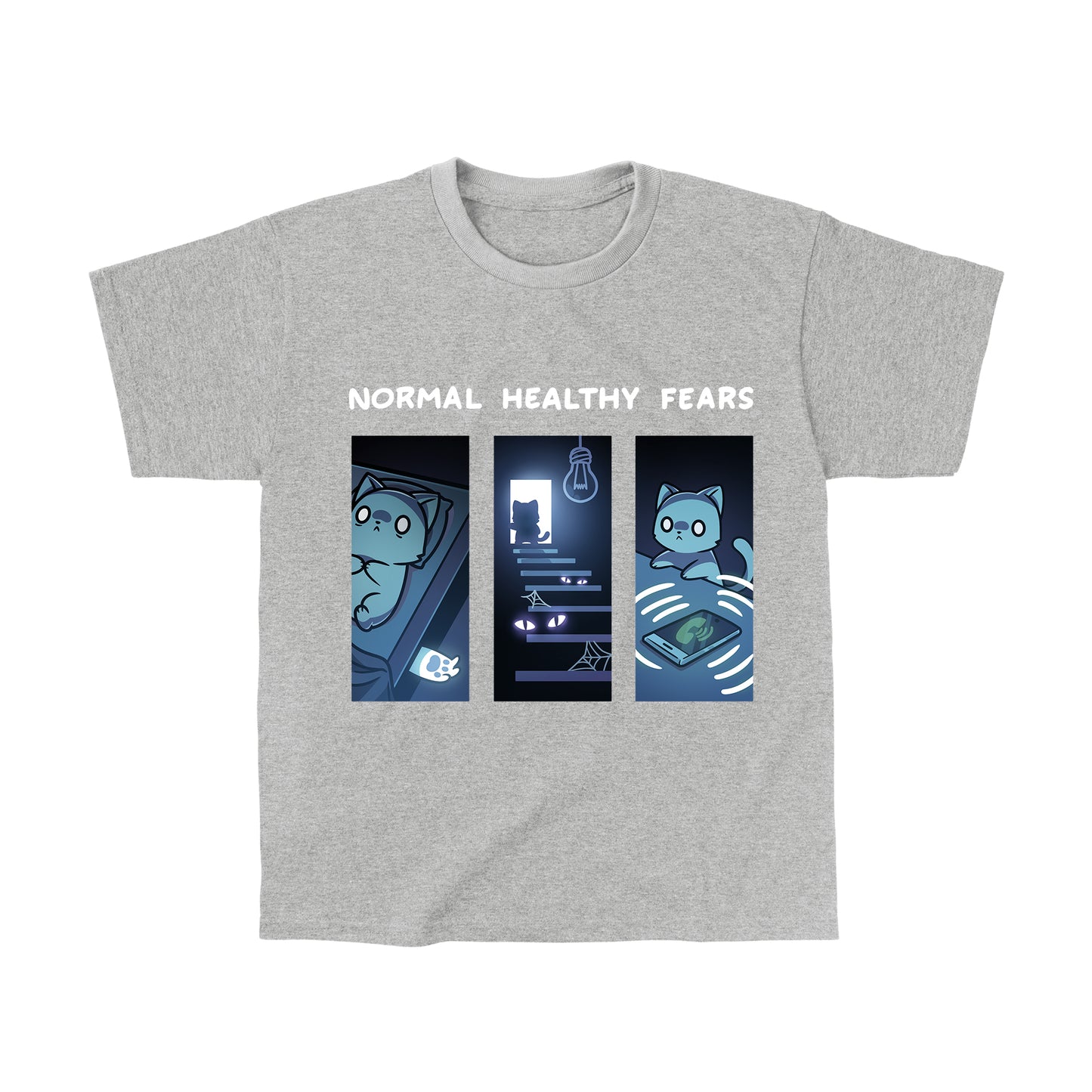 Classic Cotton T-shirt_TeeTurtle heather gray Normal Healthy Fears apparel featuring an anxious cat lying down with a ghostly paw peeking out from under the bed, an anxious cat at the top stairs of the basement with eyed shadows lurking in the darkness, and an anxious cat looking at a ringing phone.