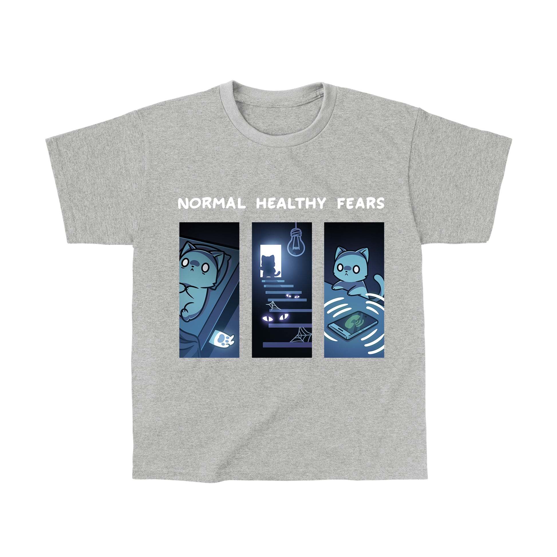 Classic Cotton T-shirt_TeeTurtle heather gray Normal Healthy Fears apparel featuring an anxious cat lying down with a ghostly paw peeking out from under the bed, an anxious cat at the top stairs of the basement with eyed shadows lurking in the darkness, and an anxious cat looking at a ringing phone.