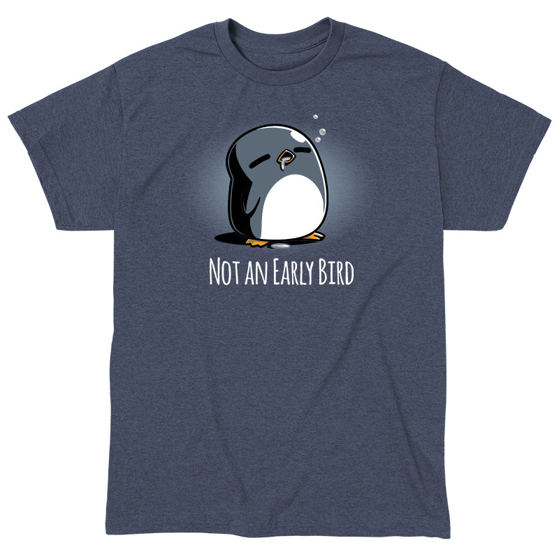 Classic Cotton T-shirt_TeeTurtle Not an Early Bird heather navy t-shirt featuring a sleepy penguin with closed eyes and bubbles above its head, accompanied by the text "Not an Early Bird."