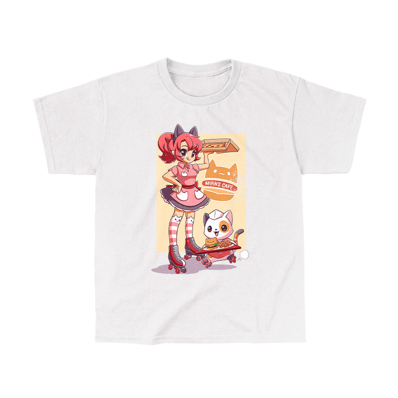 Classic Cotton T-shirt_TeeTurtle Nyan's Cafe white t-shirt featuring a girl in a pink cat-themed costume on roller skates holding a tray of food. Next to her, a cat in a matching outfit and roller skates is also holding a tray of food. The text reads "Nyan's Cafe."