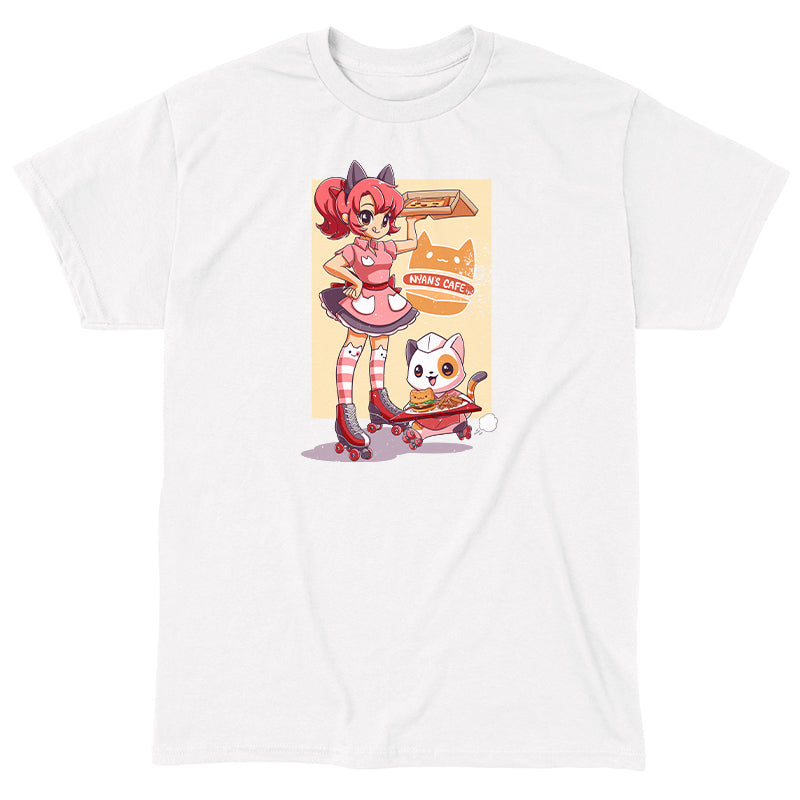 Classic Cotton T-shirt_TeeTurtle Nyan's Cafe white t-shirt featuring a girl in a pink cat-themed costume on roller skates holding a tray of food. Next to her, a cat in a matching outfit and roller skates is also holding a tray of food. The text reads "Nyan's Cafe."