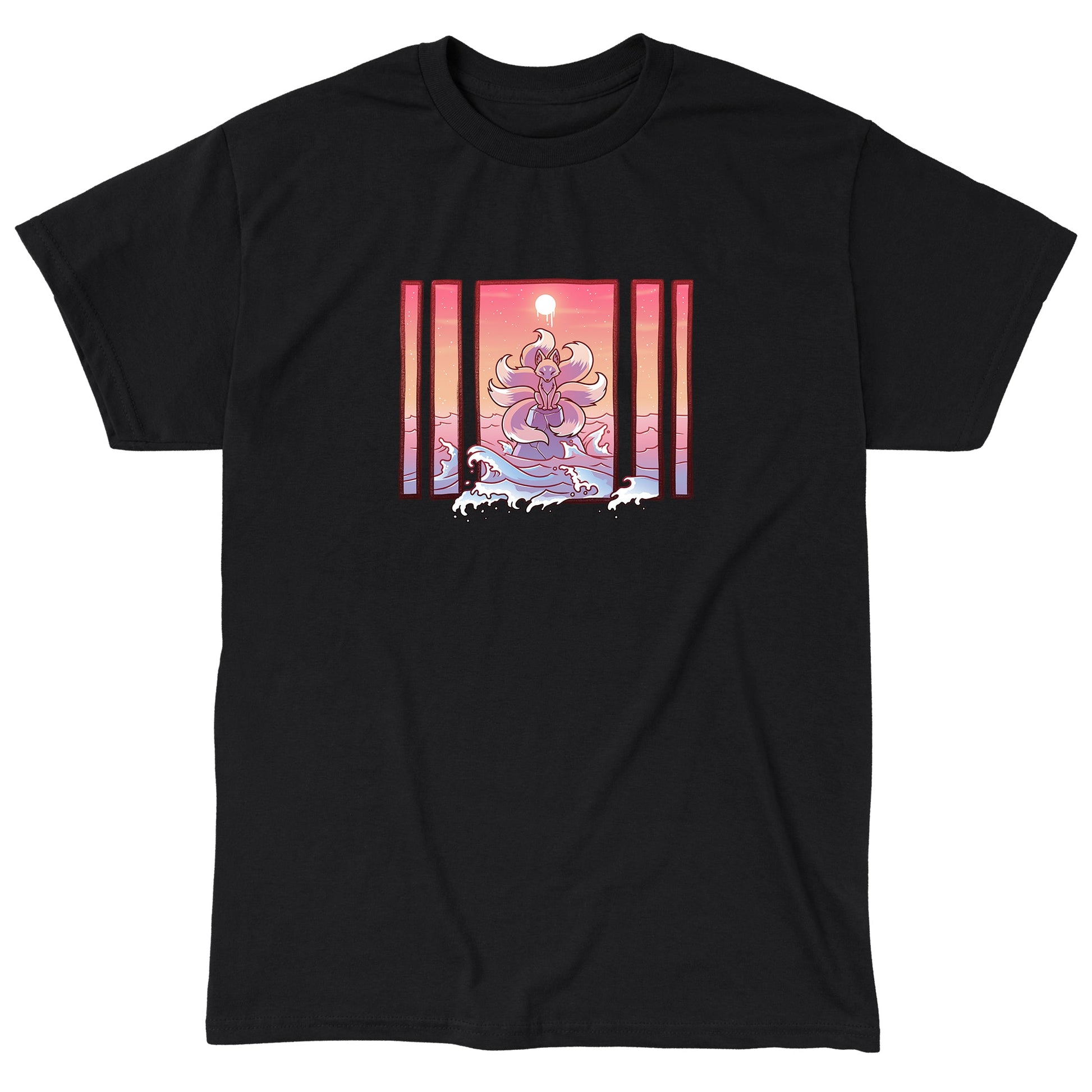 Classic Cotton T-shirt_TeeTurtle Ocean Kitsune black t-shirt featuring an illustrated Ocean kitsune in a nature scene. The kitsune stands on water with waves splashing, framed by five vertical panels against a pink and orange sunset sky with a bright moon above.