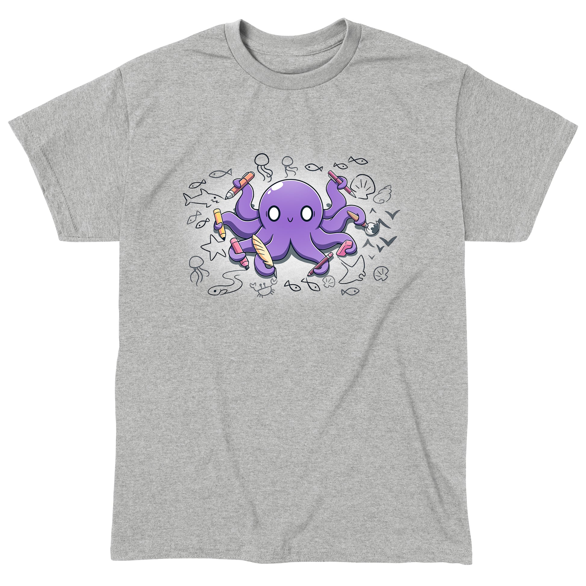 Classic Cotton T-shirt_TeeTurtle Octopus Artist heather gray t-shirt featuring an illustration of a cheerful purple octopus holding various creative tools, surrounded by sketches of sea creatures and nautical elements.