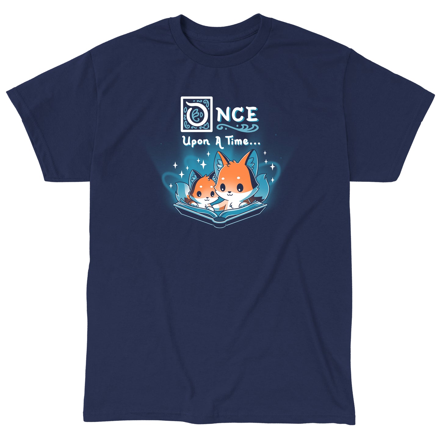 Classic Cotton T-shirt_TeeTurtle Once Upon a Time (Foxes) navy blue t-shirt featuring two cartoon foxes reading a magical open book with the words "Once Upon a Time" above them.