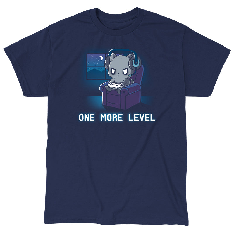 Classic Cotton T-shirt_TeeTurtle One More Level navy blue t-shirt featuring a cat wearing headphones, holding a game controller, and sitting in a chair with a nighttime window view. Text below reads "One More Level."