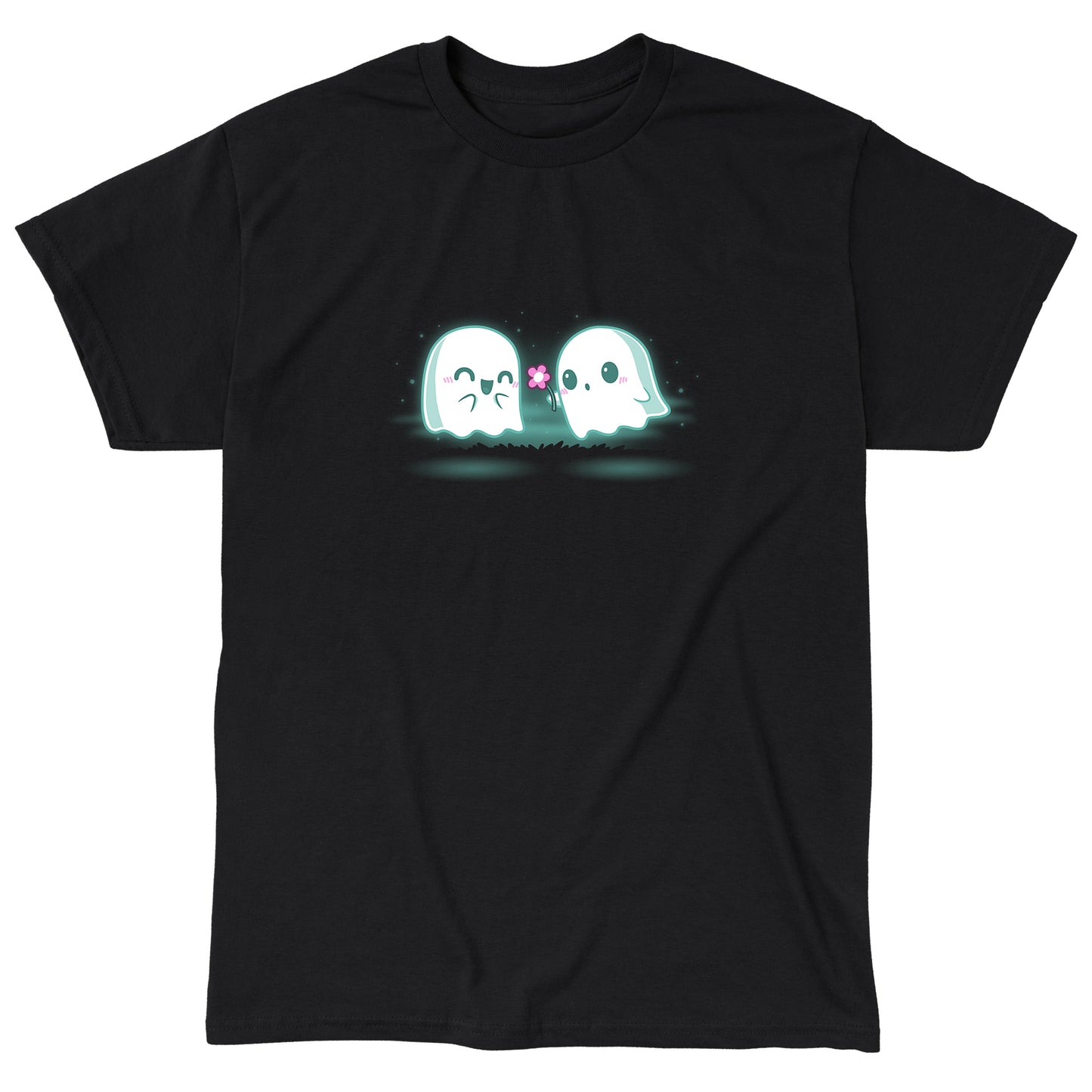 Classic Cotton T-shirt_TeeTurtle One Boo Love black t-shirt featuring two cute kawaii ghost-like Halloween characters are glowing softly in the dark on a black apparel. One ghost is smiling with eyes closed while the other offers a pink flower.