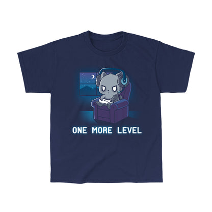 Classic Cotton T-shirt_TeeTurtle One More Level navy blue t-shirt featuring a cat wearing headphones, holding a game controller, and sitting in a chair with a nighttime window view. Text below reads "One More Level."