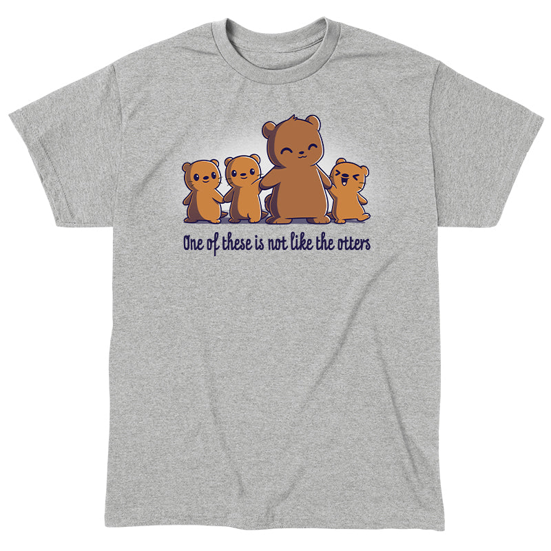 Classic Cotton T-shirt_TeeTurtle One of These is Not Like the Otters heather gray t-shirt featuring three small brown otters and one larger brown bear smiling and standing side by side holding hands with two otters, with the caption "One of these is not like the otters" in cute kawaii script. 