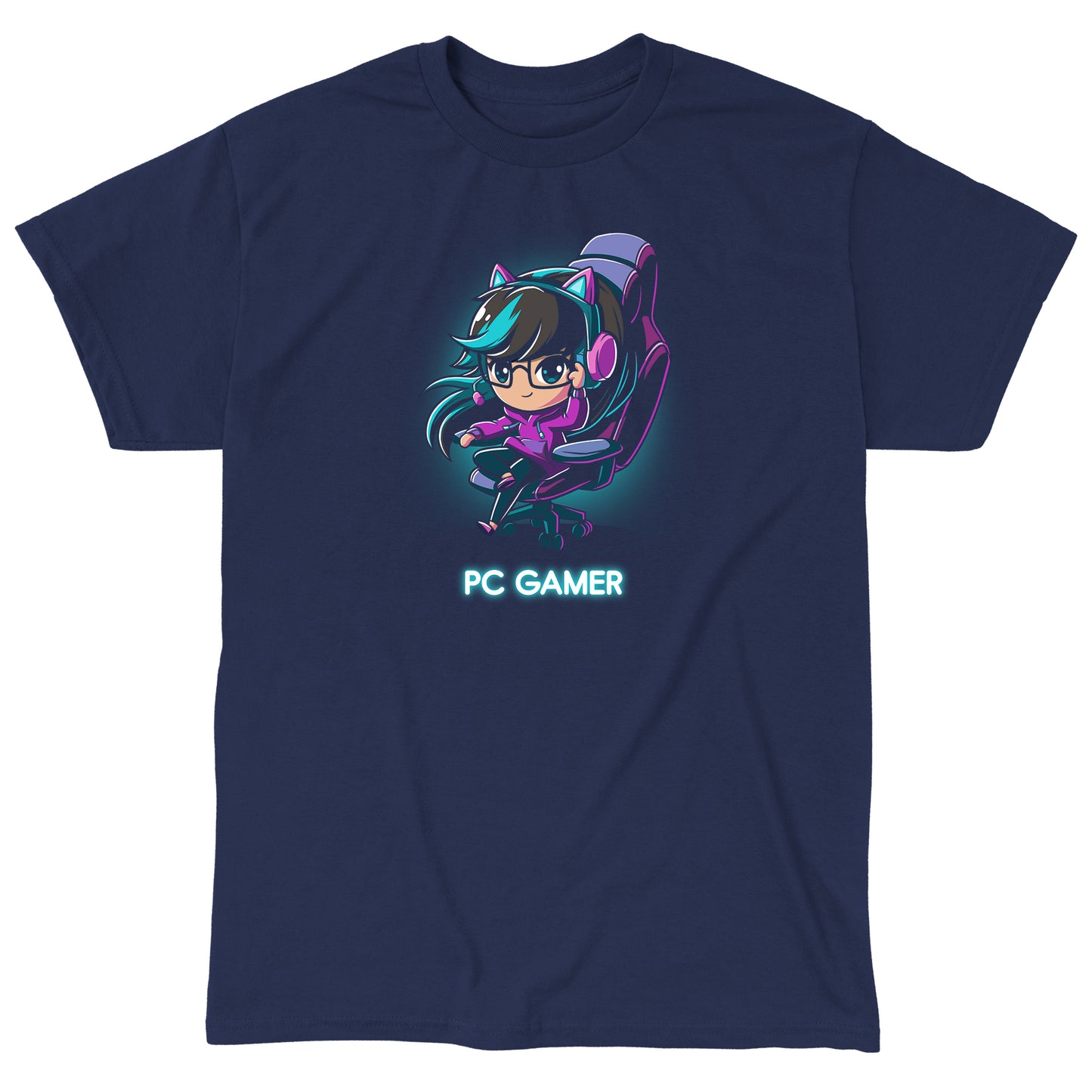 Classic Cotton T-shirt_TeeTurtle PC Gamer navy blue t-shirt featuring a person with teal highlights and glasses wearing cat ear headphones sitting in a gaming chair.