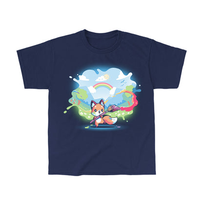 Classic Cotton T-shirt_TeeTurtle Paint Your Own World navy blue t-shirt featuring a drawing cartoon fox who holds a paintbrush, trailing vibrant colors as it paints a lively landscape with hills, trees, a rainbow, and a bright sky.