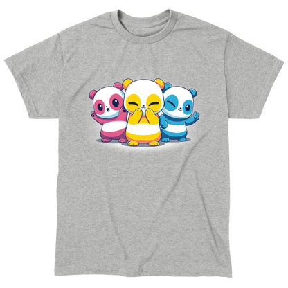 Classic Cotton T-shirt_TeeTurtle Pan Pride Pandas Heather Gray t-shirt featuring three cartoon pandas in pan pride flag colors.
