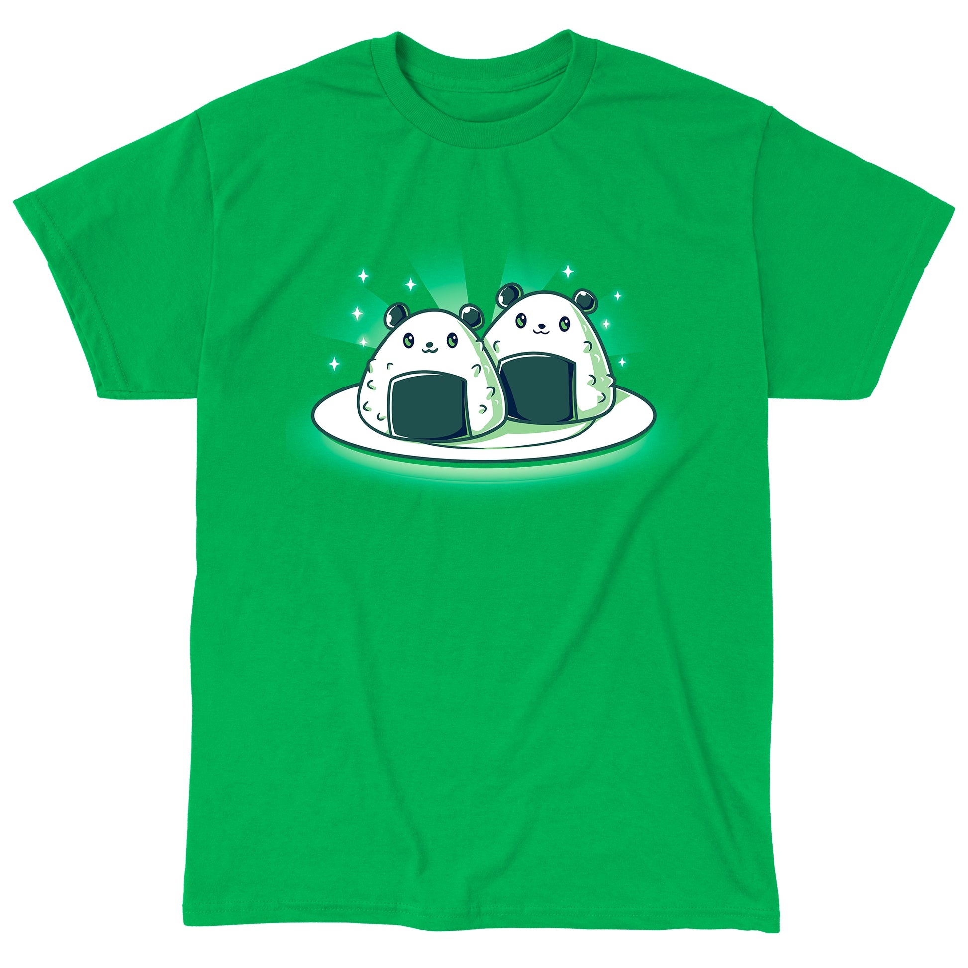 Classic Cotton T-shirt_Teeturtle Panda Onigiri Irish green t-shirt featuring a pair of cute, cartoon-styled Panda-shaped Onigiri on a plate.