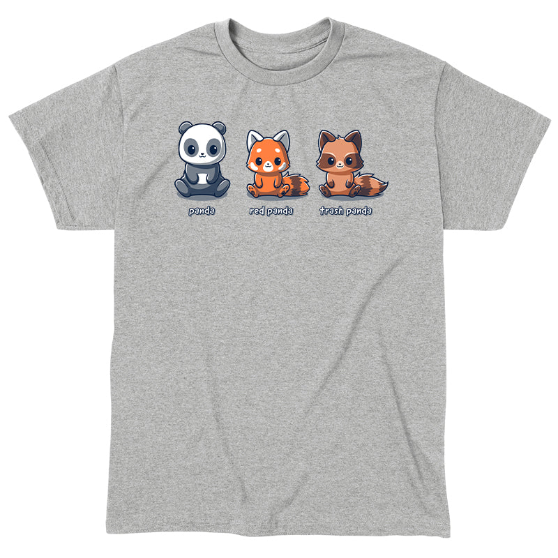 Classic Cotton T-shirt_TeeTurtle Panda, Red Panda, Trash Panda heather gray t-shirt featuring a panda, red panda, and raccoon sitting next to each other. 