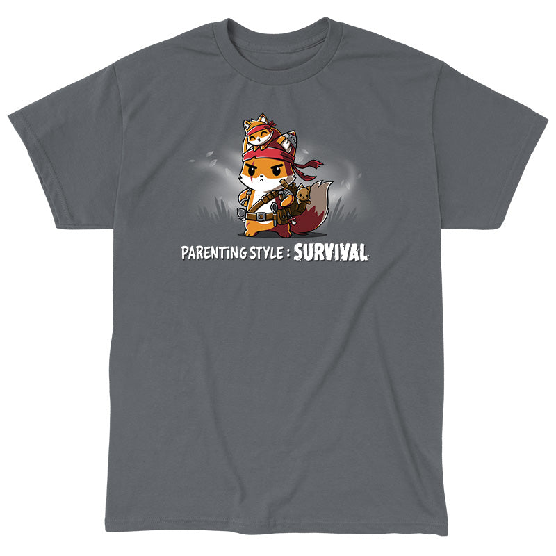 Classic Cotton T-shirt_TeeTurtle Parenting Style: Survival Charcoal Gray t-shirt featuring an illustration of a serious fox in survival gear, carrying a small fox on its head. Text below reads, "Parenting Style: Survival."