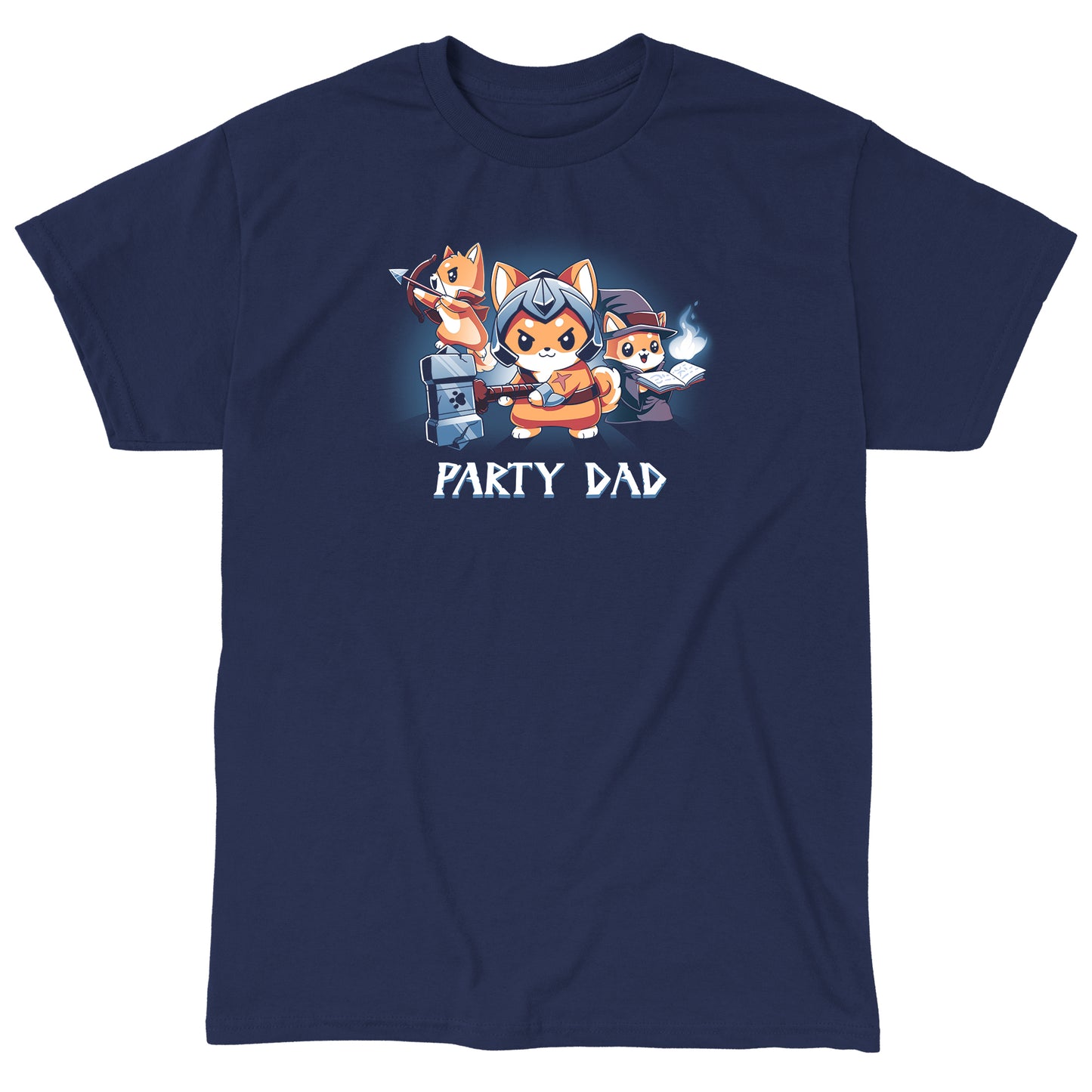 Classic Cotton T-shirt_TeeTurtle Party Dad navy blue t-shirt featuring a party of three foxes dressed as a warrior, an archer, and wizard with a pun below it.