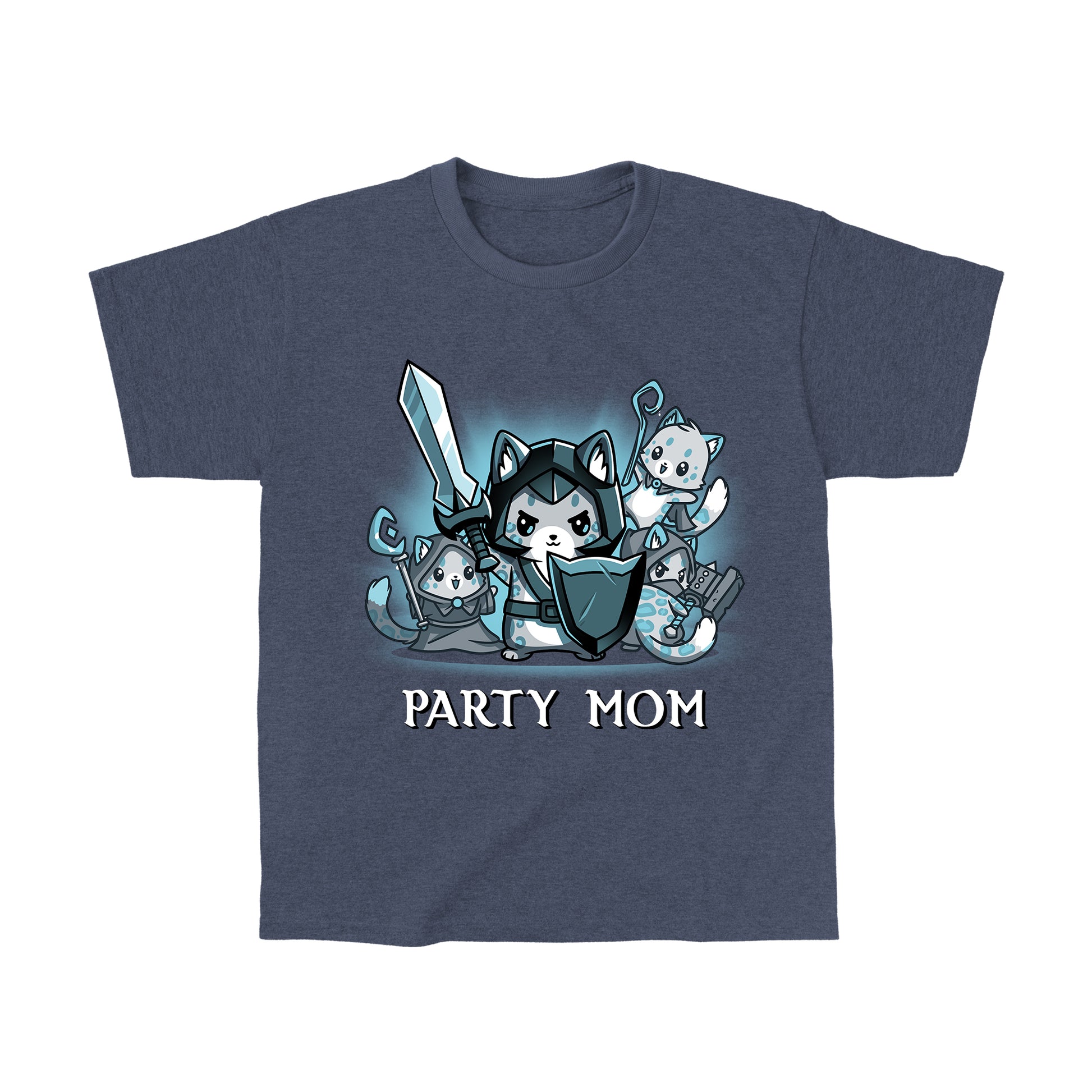 Classic Cotton T-shirt_TeeTurtle Party Mom heather navy t-shirt featuring a ferocious girl power cat mom holding a sword and shield surrounded by her cubs holding various tabletop gaming weapons.