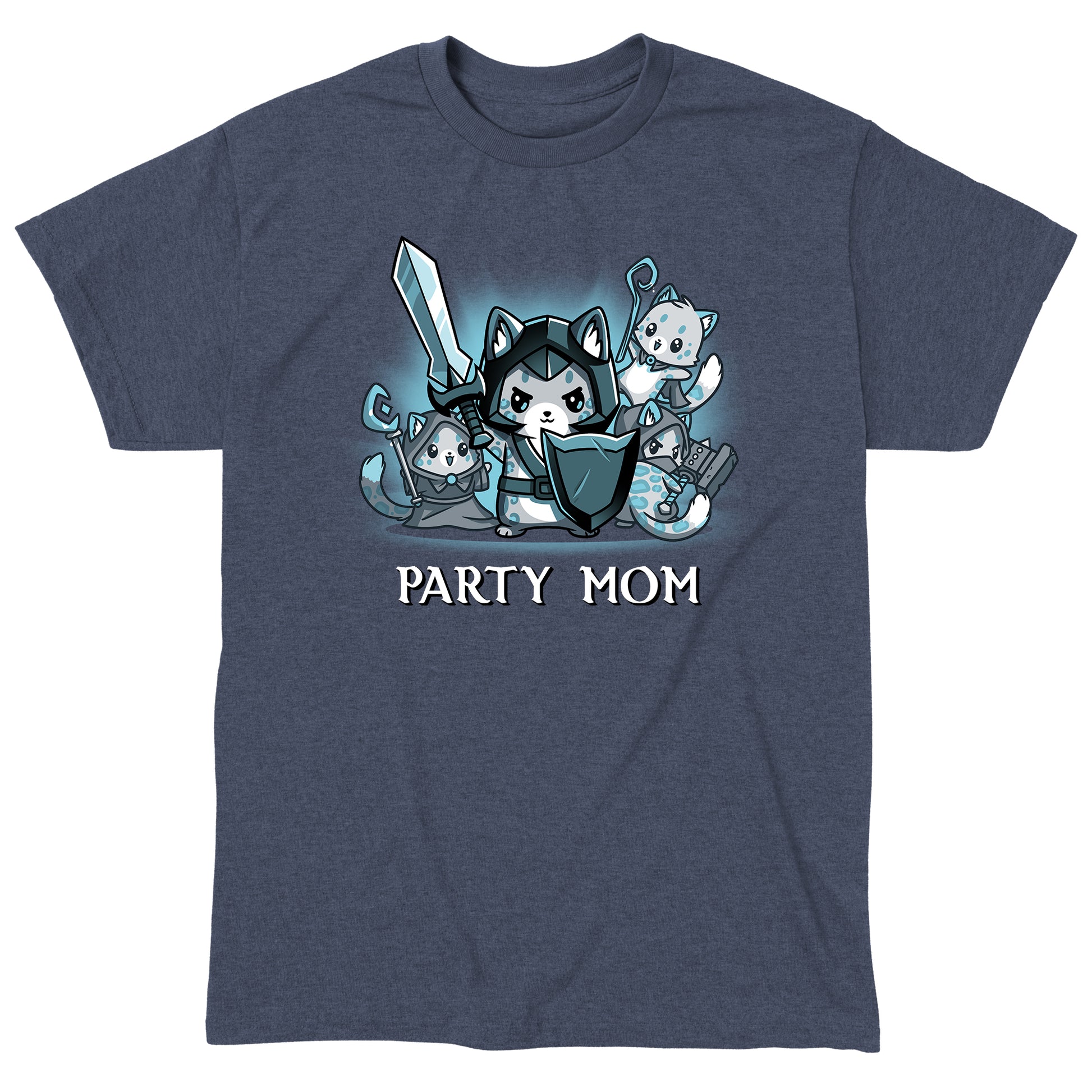 Classic Cotton T-shirt_TeeTurtle Party Mom heather navy t-shirt featuring a ferocious girl power cat mom holding a sword and shield surrounded by her cubs holding various tabletop gaming weapons.