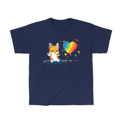 Classic Cotton T-shirt_TeeTurtle Paw Painting (Corgi) navy blue t-shirt featuring a kawaii corgi with a rainbow paint splash in a heart shape.