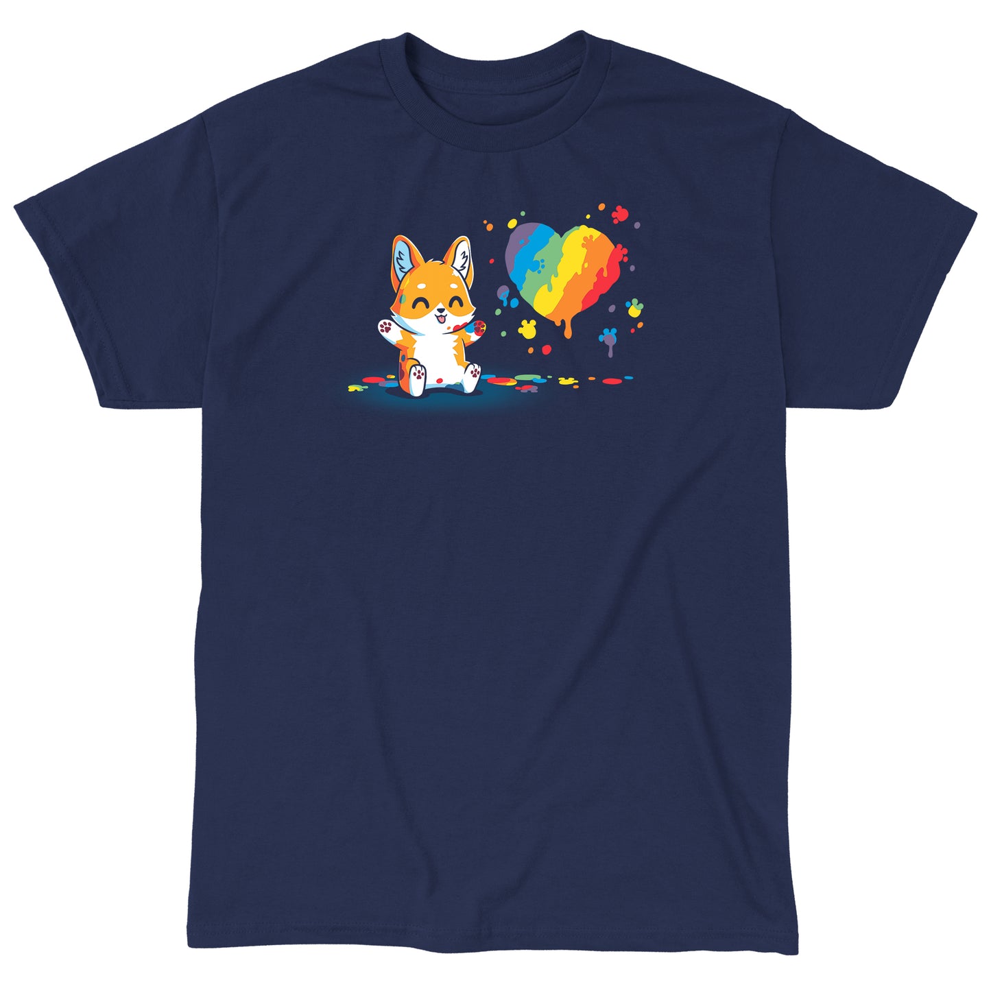 Classic Cotton T-shirt_TeeTurtle Paw Painting (Corgi) navy blue t-shirt featuring a kawaii corgi with a rainbow paint splash in a heart shape.