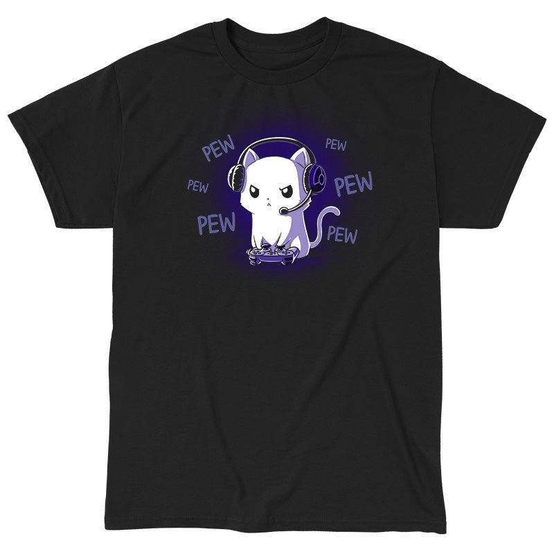 Classic Cotton T-shirt_TeeTurtle Pew Pew Kitty (Glow) black t-shirt featuring a white cat looking angry wearing a headset and holding a controller gaming surrounded by the word "pew."