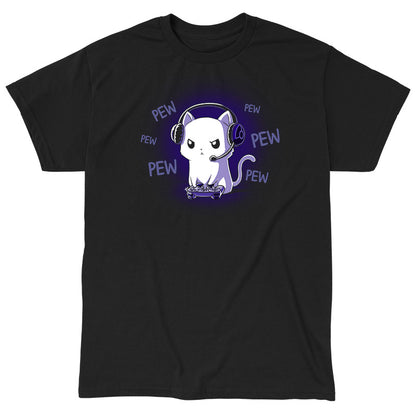 Classic Cotton T-shirt_TeeTurtle Pew Pew Kitty (Glow) black t-shirt featuring a white cat looking angry wearing a headset and holding a controller gaming surrounded by the word "pew."