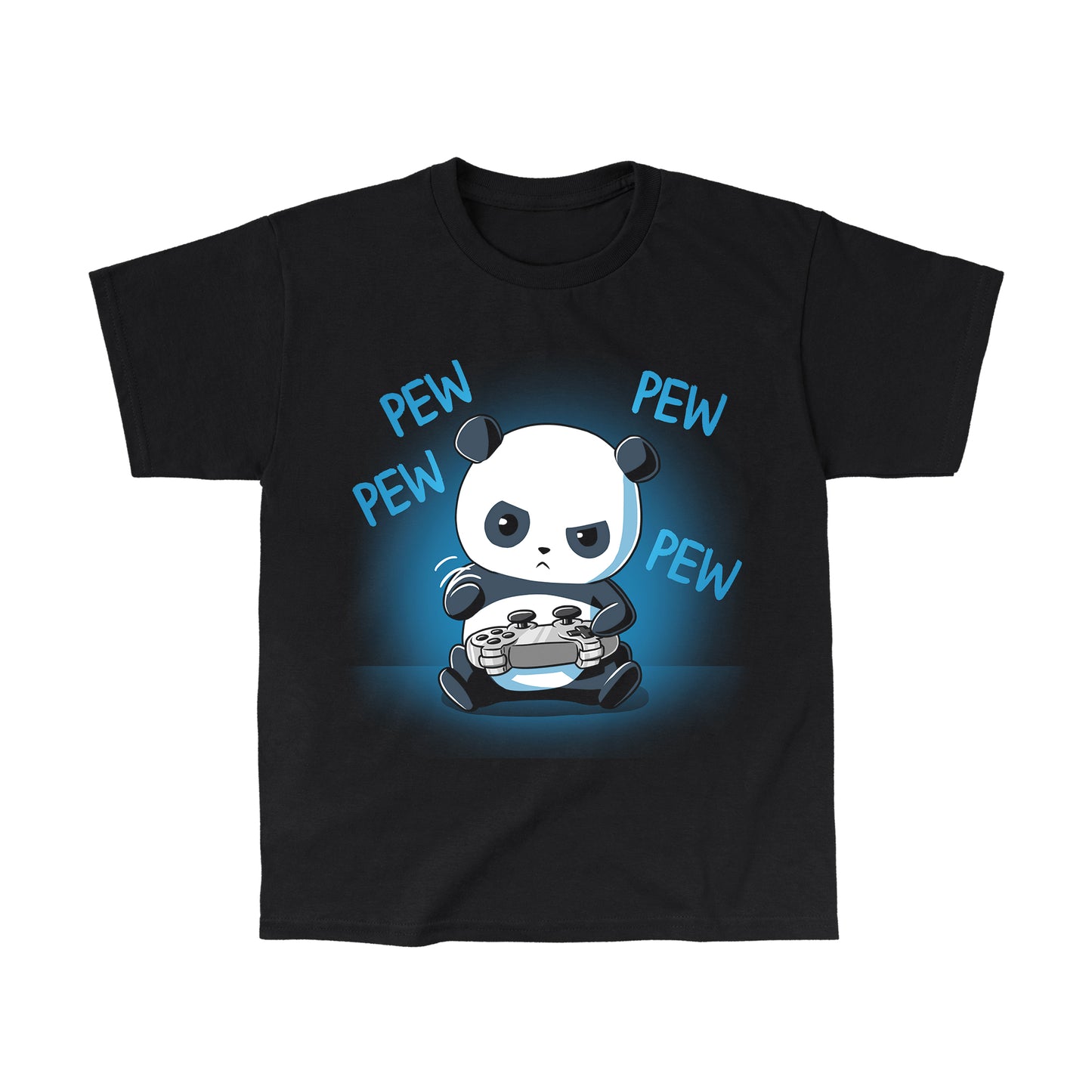 Classic Cotton T-shirt_TeeTurtle black Pew Pew Panda. Featuring a panda playing a video game with a controller.