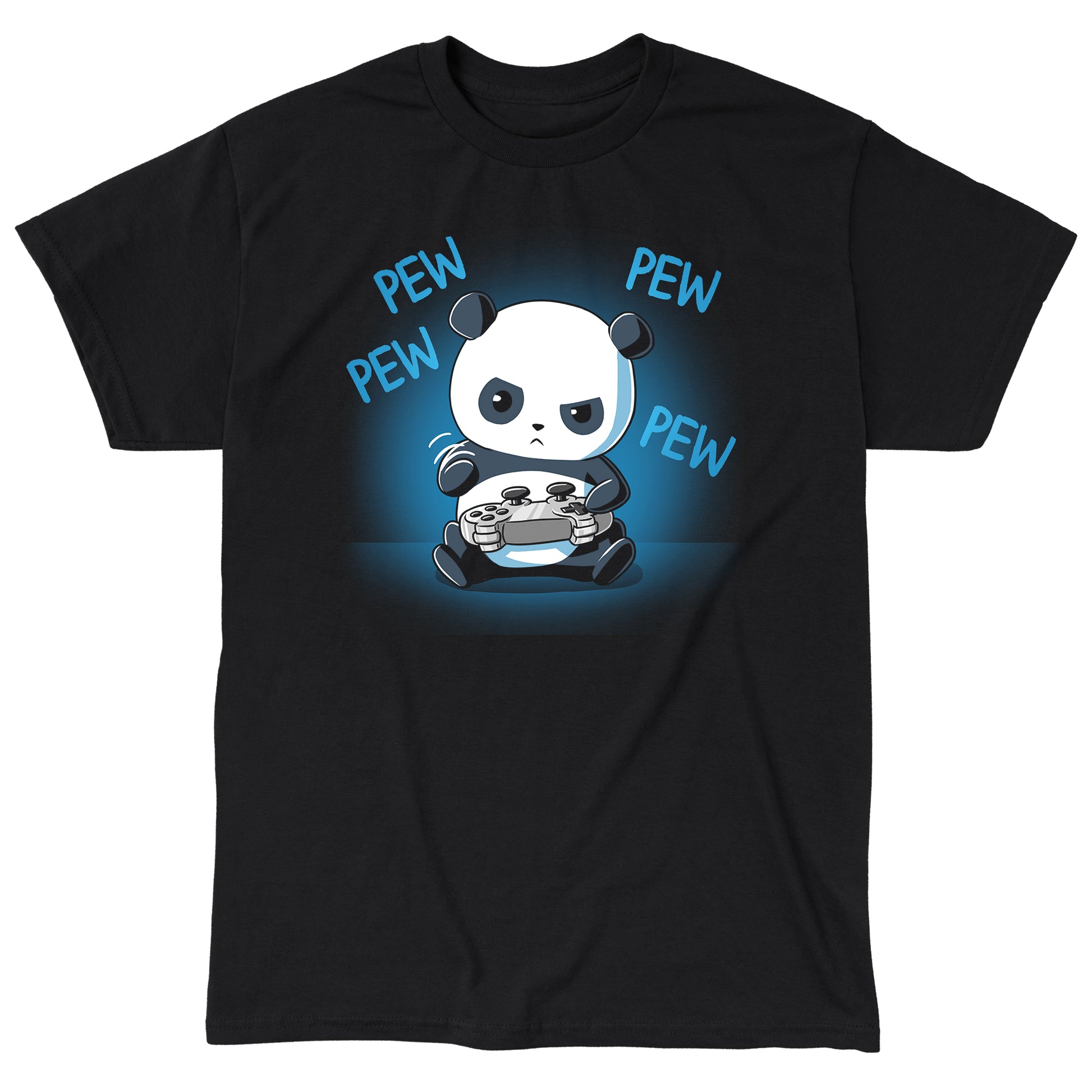 Classic Cotton T-shirt_TeeTurtle black Pew Pew Panda. Featuring a panda playing a video game with a controller.