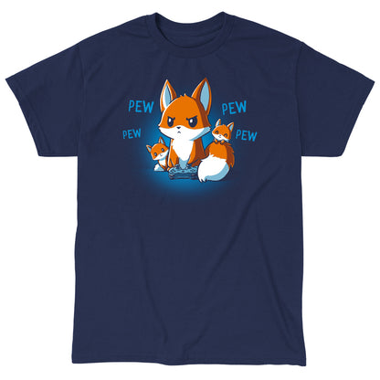 Classic Cotton T-shirt_TeeTurtle navy blue Pew Pew Parent. Featuring a parent fox playing a video game with a controller and its kits climbing over it.