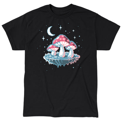 Classic Cotton T-shirt_TeeTurtle Pixel Mushrooms black t-shirt featuring a pixelated video game mushrooms with stars and the moon in the background. 