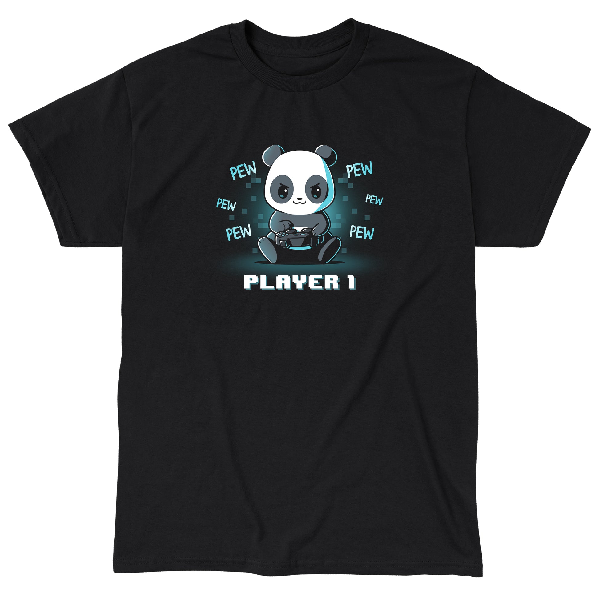 Classic Cotton T-shirt_Teeturtle Player 1 Panda black t-shirt featuring a determined panda holding a game controller with "PEW" written repeatedly around it. "PLAYER 1" is written at the bottom in pixelated text.