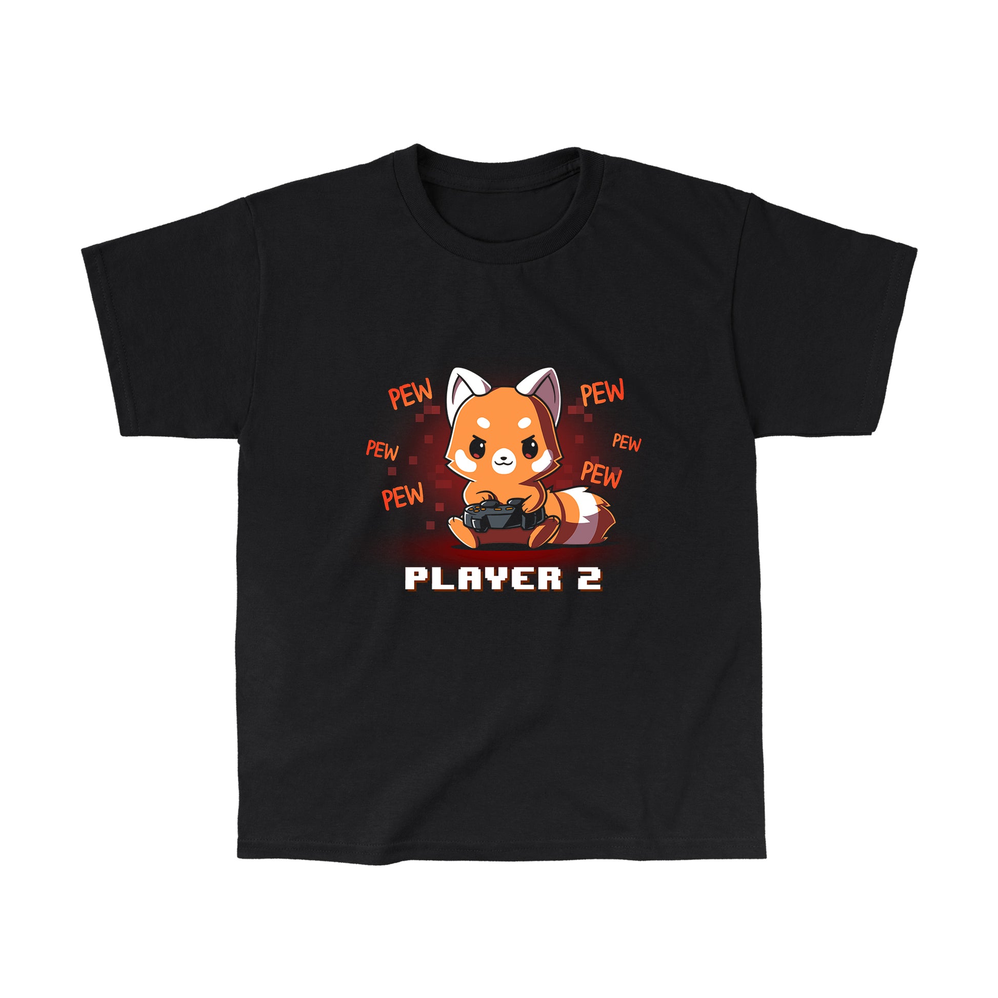 Classic Cotton T-shirt_Teeturtle Player 2 Red Panda black t-shirt featuring a red panda holding a game controller with "PEW PEW PEW" written around it. The text "PLAYER 2" is at the bottom.