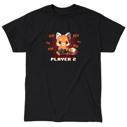 Classic Cotton T-shirt_Teeturtle Player 2 Red Panda black t-shirt featuring a red panda holding a game controller with "PEW PEW PEW" written around it. The text "PLAYER 2" is at the bottom.