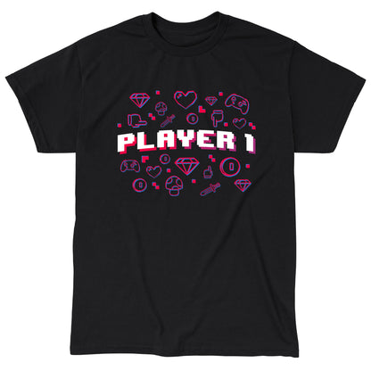 Classic Cotton T-shirt_TeeTurtle Player 1 black t-shirt featuring "Player 1" text in block font surrounded by various gaming icons such as controllers, diamonds, hearts, mushrooms, coins, and swords.