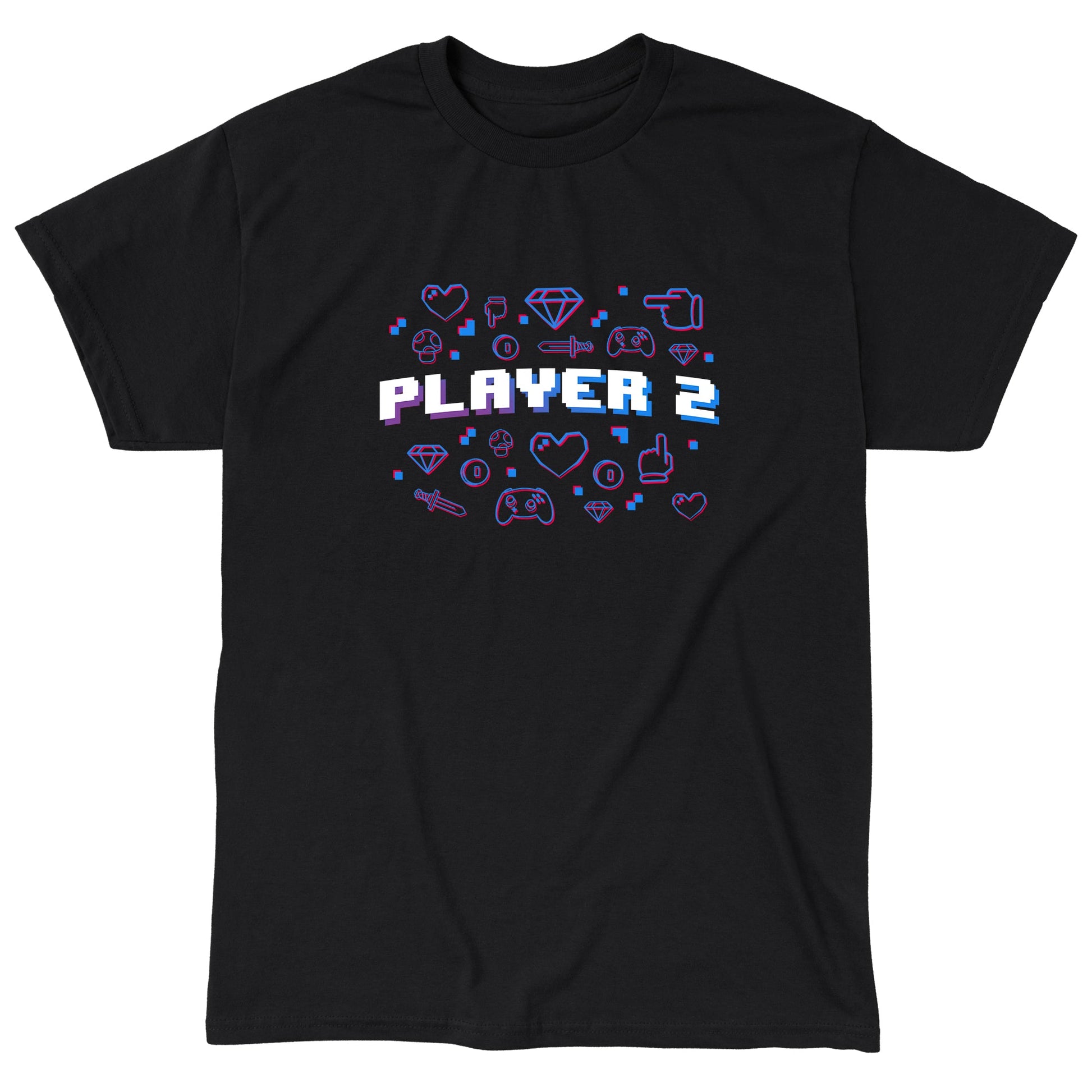 Classic Cotton T-shirt_TeeTurtle black Player 2. Featuring the text, "Player 2" surrounded by pixel art video game elements.