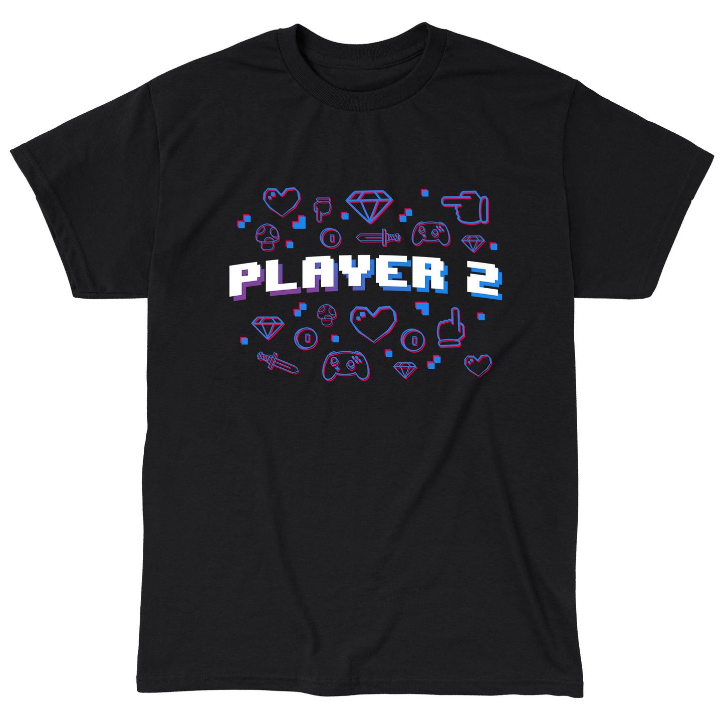 Classic Cotton T-shirt_TeeTurtle black Player 2. Featuring the text, "Player 2" surrounded by pixel art video game elements.