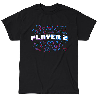 Classic Cotton T-shirt_TeeTurtle black Player 2. Featuring the text, "Player 2" surrounded by pixel art video game elements.