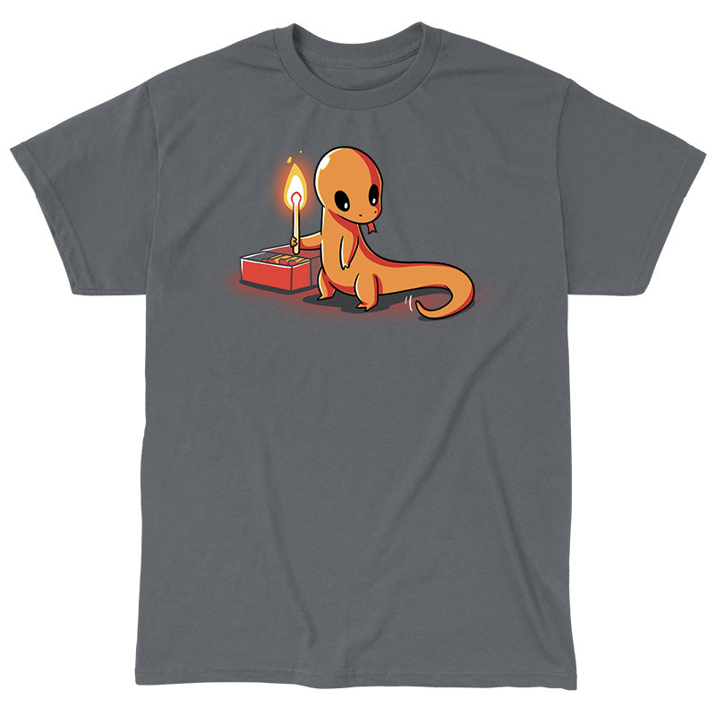 Classic Cotton T-shirt_TeeTurtle Playing With Fire Charcoal t-shirt featuring a cute orange salamander holding a lit match.